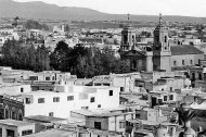 Las torres de la iglesia de San Pedro y el frondoso arbolado de la plaza a comienzos del siglo pasado.