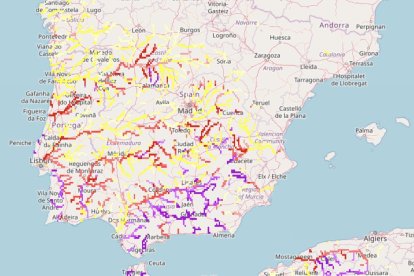 Mapa de GloFAS con las zonas inundables de España.