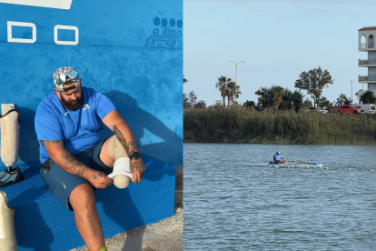 Francisco se pone su prótesis para poder subirse al bote y practicar remo, su nueva pasión.