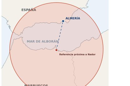 Mapa elaborado con IA que muestra el alcance potencial de los lanzamisiles comprados por Marruecos.