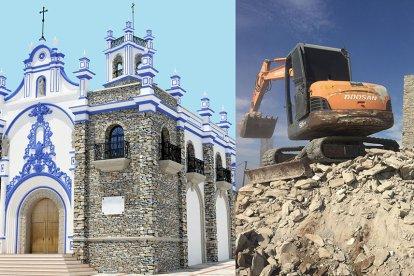 Imagen sacada del proyecto del nuevo santuario, aunque se han aprobado modificaciones al diseño. A la derecha, una excavadora sobre los escombros del