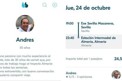 Capturas del perfil del parlamentario andaluz en BlaBlaCar y del viaje que ofrecía para este jueves.