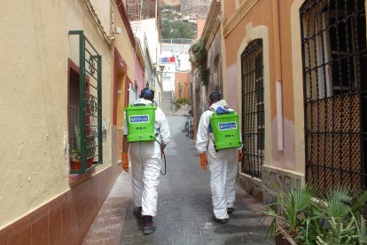 La empresa Dimoba es la encargada de desinfectar las calles y plazas del barrio de la Alcazaba.