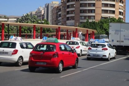 Vehículos de diferentes autoescuelas almerienses en la Avenida Federico García Lorca de la capital.