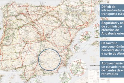 Mapa que muestra el vacío de equipamientos en una amplia zona de Almería y Granada