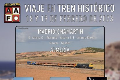 Cartel del viaje turístico en tren.