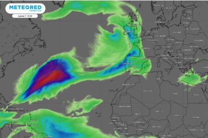 El viento transportará una masa de aire repleta de humedad desde la zona subtropical. Mapa de Meteored.