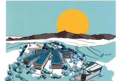 Dibujo conmemorativo de la nueva sede de los servicios centrales de Cajamar en el PITA.