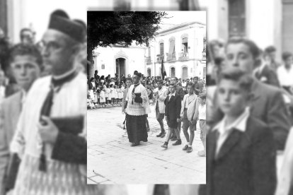 El Padre Gallego al frente de la procesión de los Luises, bajando por el Paseo a la altura de la calle Lachambre. Años 50.