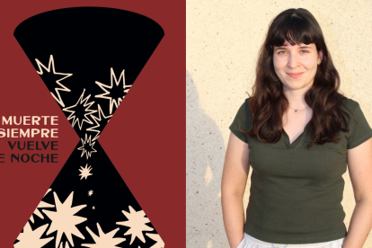 La portada de 'La muerte siempre vuelve de noche'. A la derecha, la autora,  Arantxa García Antolín.