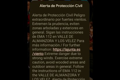 El mensaje de Es-Alert que han recibido los vecinos del Almanzora y de Los Vélez.