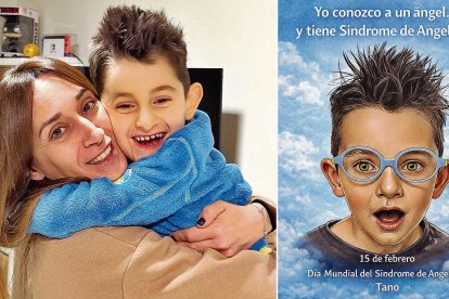 A la izquierda, Tano abrazado a su madre, Sabrina. A la derecha, cartel sobre la jornada de este domingo.