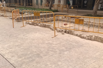 Adoquines ya colocado alrededor de los parterres que se van a reducir.