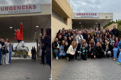 Dos imágenes del homenaje a Pepe Martínez. A la izquierda, salta entre sus compañeros. A la derecha, todos ellos ante el servicio de Urgencias.