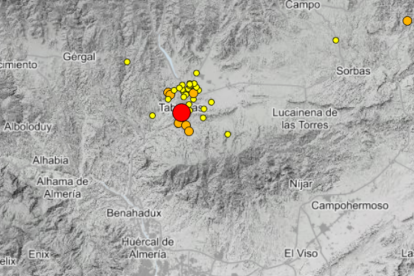 Mapa de terremotos en Tabernas del Instituto Geográfico Nacional.