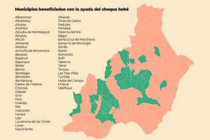 Los 51 municipios de la provincia de Almería que se podrán beneficiar del nuevo cheque bebé de la Diputación.