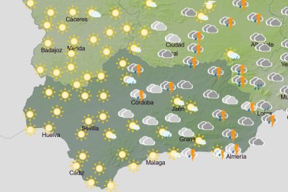 Mapa de Andalucía con la previsión de la tarde del domingo