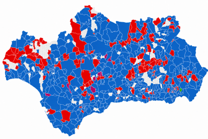El mapa con los partidos que han ganado en cada municipio de Andalucía.