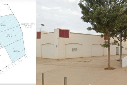 A la izquierda, planos de los tres locales situados en la Plaza de Toros de Roquetas de Mar; a la derecha, la ubicación exacta.