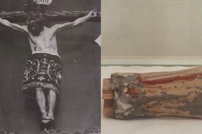A la izquierda, fotografía de la antigua imagen del Cristo de la Luz; a la derecha, fragmento conservado por la Hermandad.