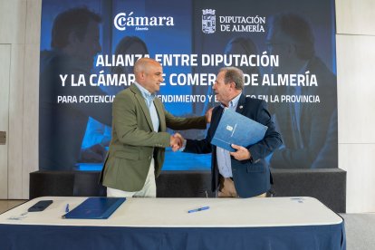 El presidente de Diputación, José Antonio García Alcaina y el presidente de la Cámara de Comercio de Almería, Jerónimo Parra, esta mañana en el Palacio Provincial.
