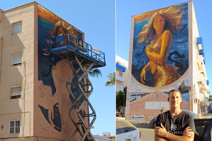 El mural durante sus primeros días y tras su finalización este pasado viernes.