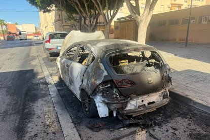Coche calcinado en la calle Darrícal de Las 500 Viviendas de Almería capital.