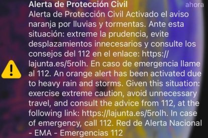 Mensaje de alerta de Protección Civil por fuertes lluvias y tormentas en el Levante almeriense y Níjar.