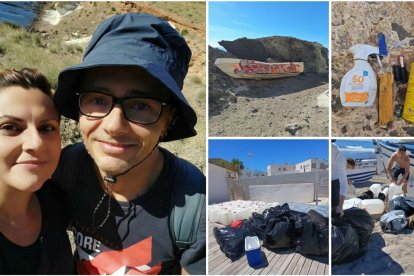 Fernando y Carmen y algunas imágenes de los residuos encontrados durante sus rutas por el Cabo de Gata.