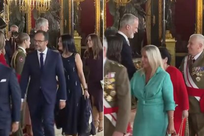 A la izquierda, Antonio Hernando y Anabel Mateos, ante Felipe VI; a la derecha, el teniente general Cabrerizo Calatrava saludando al rey.
