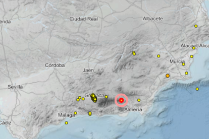 Mapa del Instituto Geográfico Nacional con los terremotos ocurridos durante los últimos tres días.