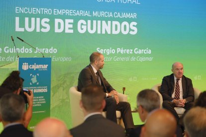 Sergio Pérez, director general de Cajamar, y Luis de Guindos, durante el acto.