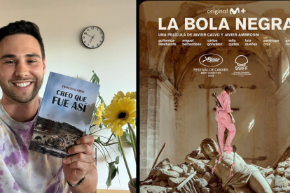 Fran Ortiz, sobrino de Cristina La Veneno, junto al cartel de 'La bola negra'.