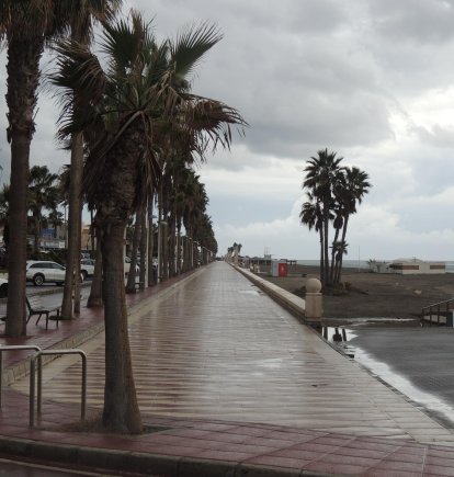 El Paseo Marítimo de Almería totalmente vacío en una mañana de lluvia.