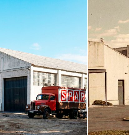 Almacén de la cadena Spar, abierto en octubre de 1964 en el paraje de San Silvestre. A la dcha. instalaciones de la fábrica de La Casera.