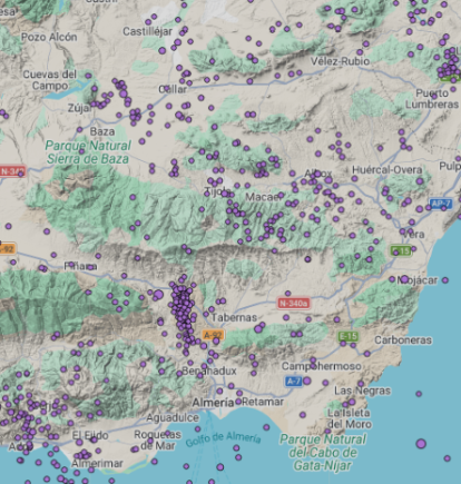 Mapa de terremotos registrados en Almería desde 1970.