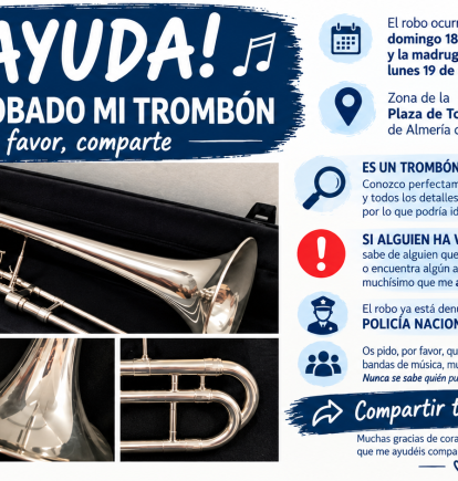 La música a la que han robado el instrumento ha publicado mensajes como este en sus redes para pedir la colaboración ciudadana.
