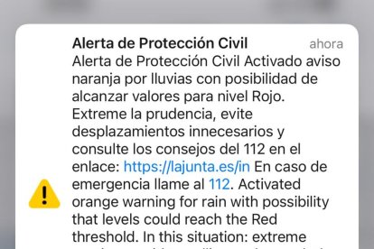 Mensaje de alerta enviado este domingo por Protección Civil