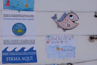 Algunos de los dibujos dedicados a Gabriel junto con el cartel de la recogida de firmas