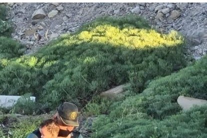 Un agente de la Guardia Civil abraza a un bebé tras salir del agua. Foto compartida por la Guardia Civil.