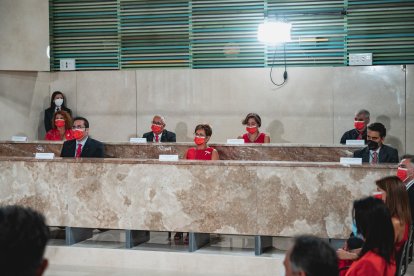 Escuchando al orador en el Salón de Plenos.