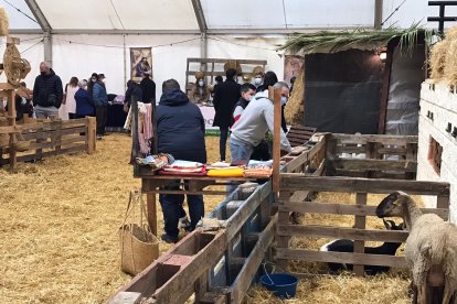 Visitantes disfrutando de los puestos navideños, en el peculiar entorno belenístico