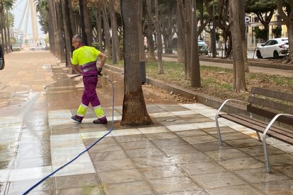 Un operario del servicio de limpieza, en la Rambla.