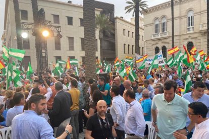 Banderas españolas y andaluzas en el mitin del PP en la Catedral.
