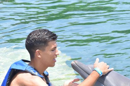Javi Robles con los delfines en México.