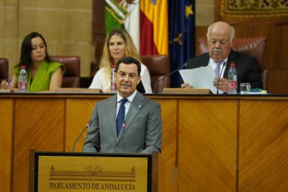 Juanma Moreno, durante su discurso.