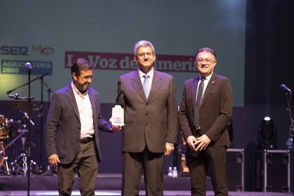 Javier Sánchez Real, cofundador del Centro Virgitano de Estudios Históricos y Domingo López, director del centro reciben el premio Cultura de manos de José Carlos Lupión Carreño, alcalde de Berja.