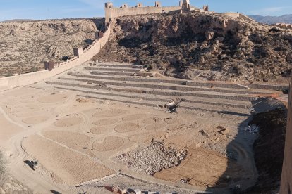 Vista aérea de toda la zona de obra desde la Alcazaba