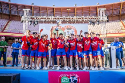 Los campeones levantan la copa en el podio.