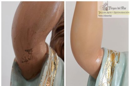 Detalle de la restauración del Niño Dios de Alhama de Almería.
